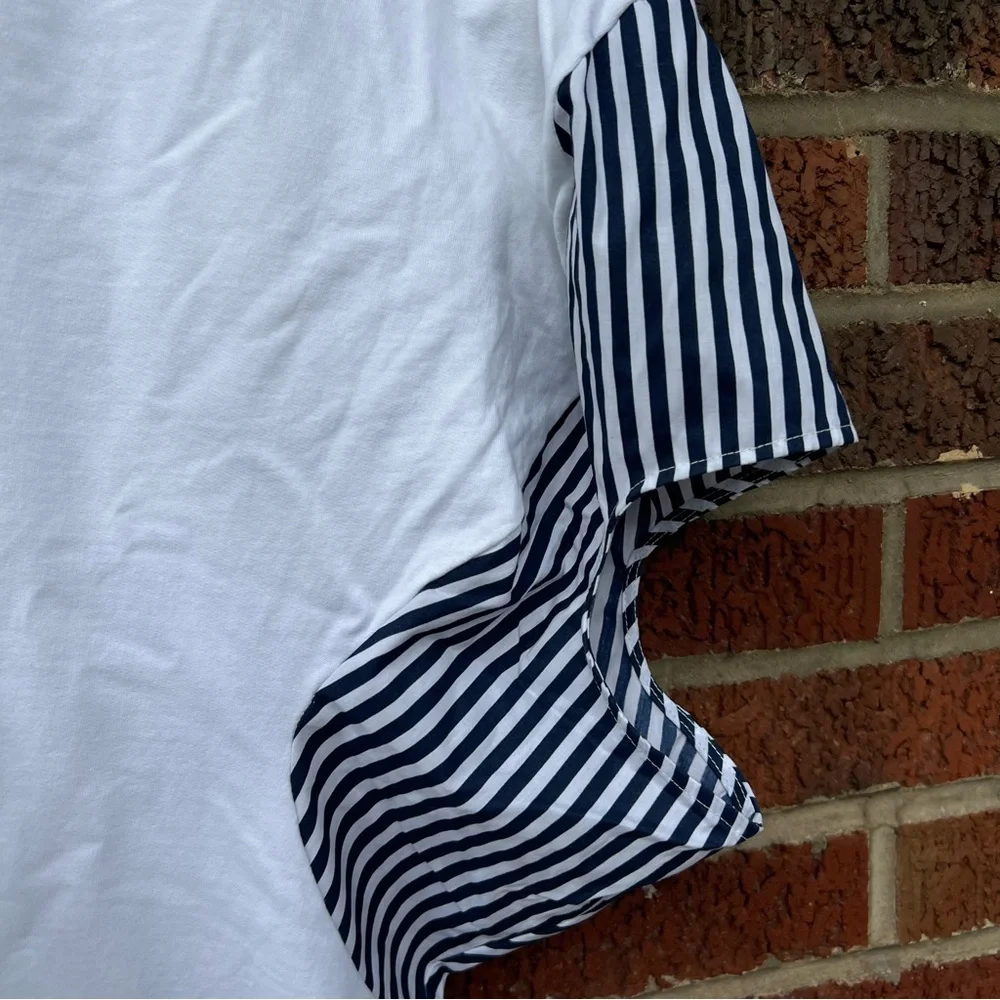 Zara White V neck Black and White Striped Puff Sleeve Long Line Short Sleeve Top